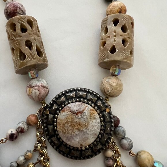 Genuine Gemstone Jasper Mixed Beaded Statement Costume Artisan Estate Necklace - Picture 5 of 12